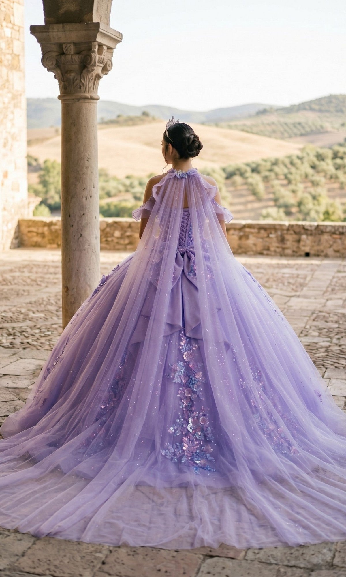 Wearing the Quinceanera Dress 8585JQ by Cinderella Couture, a person stands on a stone terrace with their back to the camera, gazing toward a scenic landscape of rolling hills in a lavender ball gown featuring a long, flowing glitter tulle skirt.